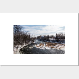 Mill on a river in winter Posters and Art